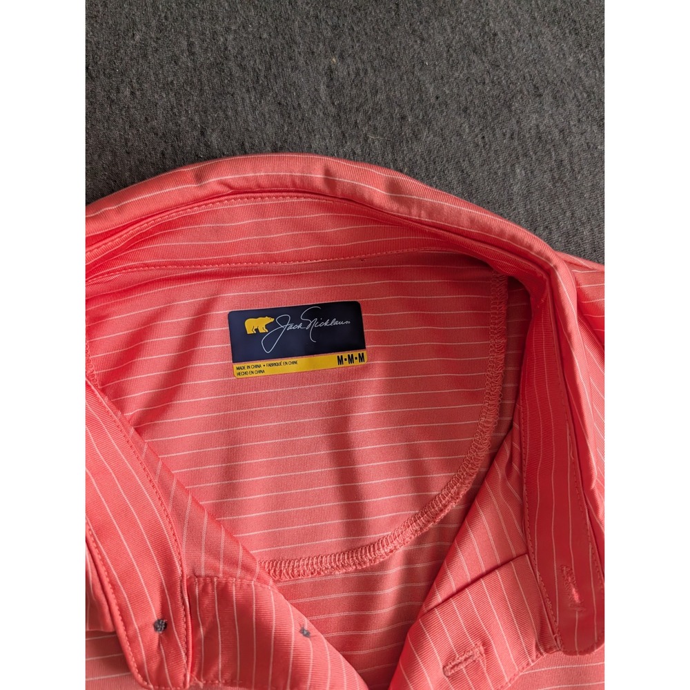 Jack Nicklaus Mens Golf Polo Shirt Medium Coral Pink Striped Golden Bear Logo - Picture 6 of 7
